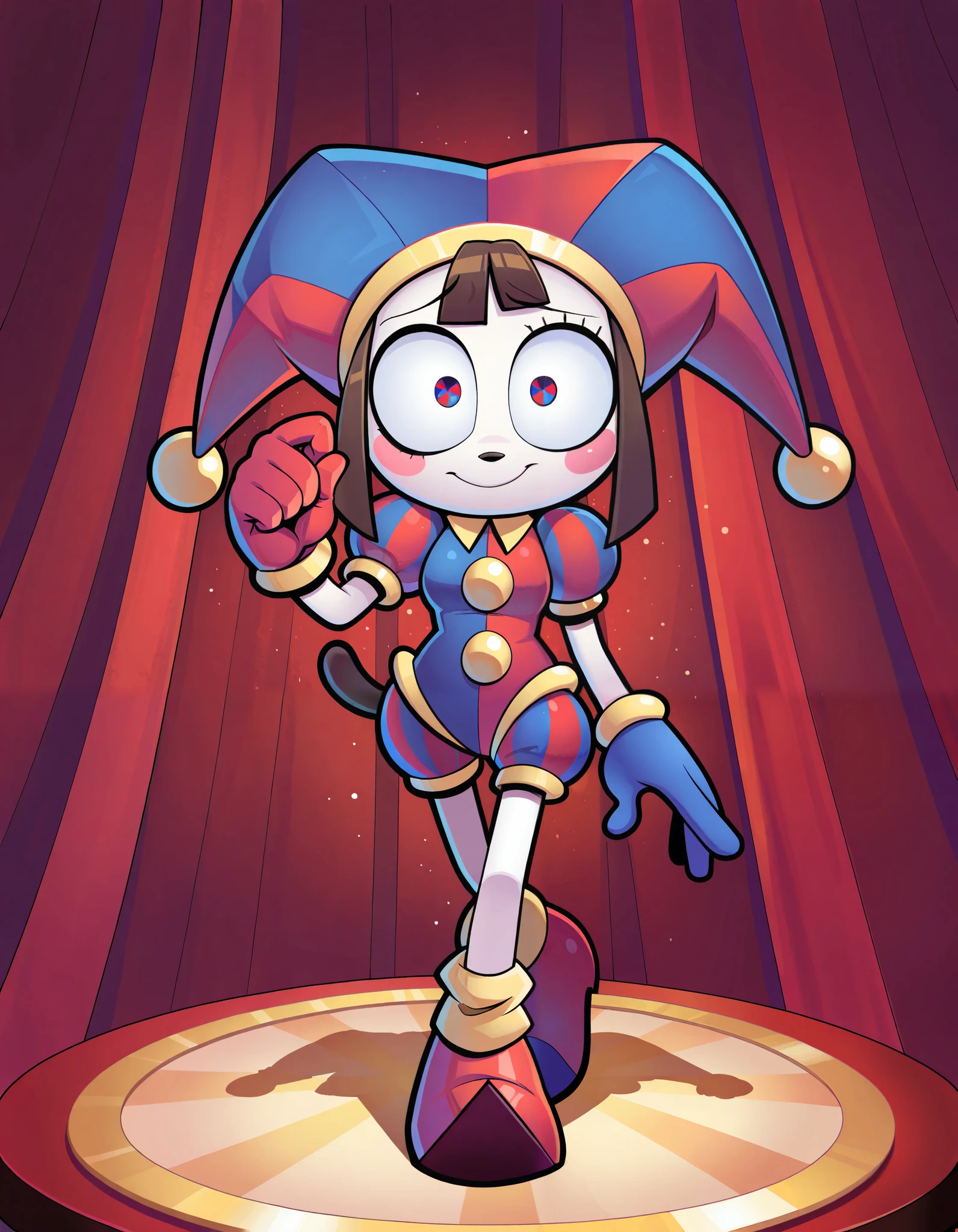 evnstnly,, 1girl, solo, masterpiece, best quality, amazing quality, very aesthetic, absurdres, source furry, Pomni, Pomni_(The_Amazing_Digital_Circus), mobian cat, dog ears, blue eyes, white body fur, brown hair, straight bangs, looking at viewer, smile, oily skin, eyeshadows, (short body, tiny body), big head, closeup, ((jester cap, gloves, puffy short sleeves, red eyes and blue eyes, striped, red shoes)), full body, small breasts, cat tail, circus on background, standing, pink cheeks, shy stance,