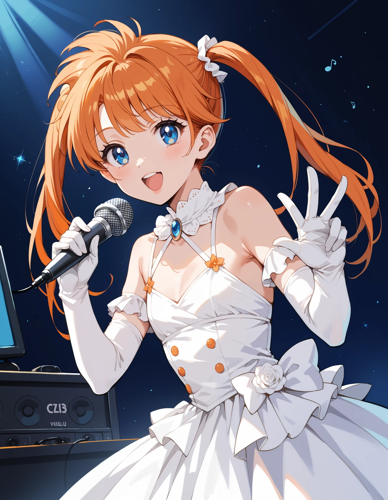 Score_9, score_8_up, score_7_up, source_anime, Inaba Kyouko, solo, twintails, orange hair, blue eyes, flat chest, (best quality), (high quality), {masterpiece}, extremely delicate and beautiful, ultra-detailed, beautiful detailed eyes, idol, idol costume, orange and white dress, white elbow gloves, holding microphone, on stage, screen, multi colored light, dynamic pose, singing, open mouth