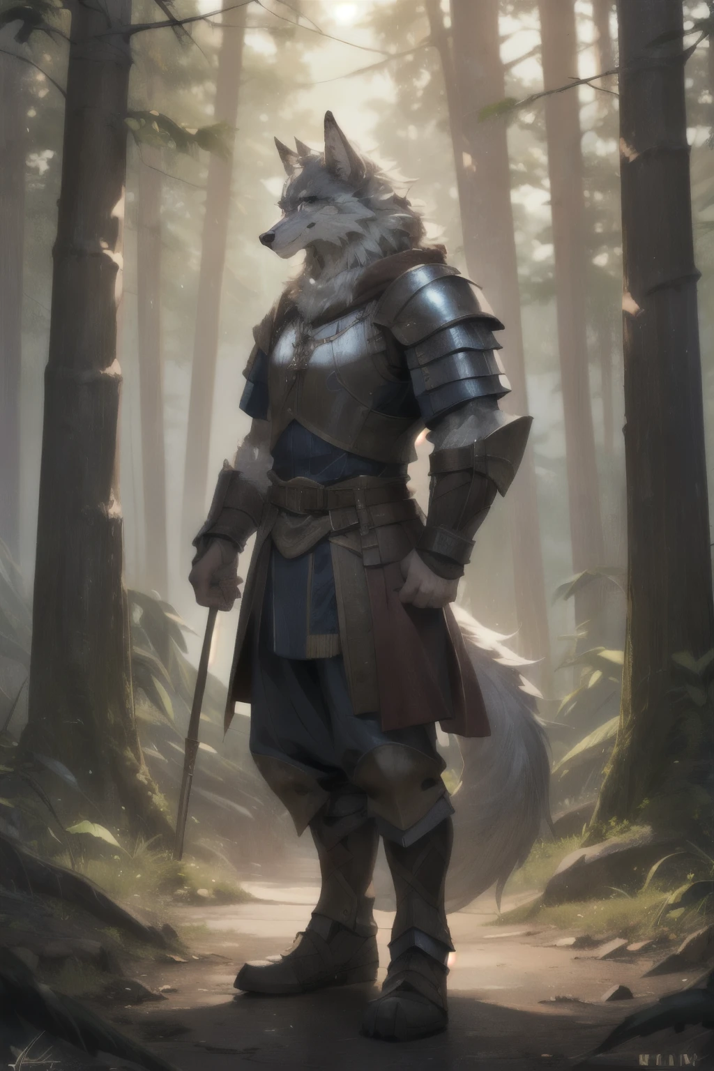 a realistic wolf fursona, white fur with glowing blue markings, muscular build, detailed eyes, wearing a medieval armor, standing in a mystical forest, dramatic lighting, high detail,4K resolution