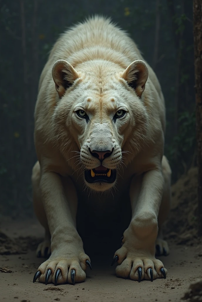 a highly detailed movie poster of a majestic roaring white lion, a text ''PAW POWER'' printed in  bright neon letters on a greybackground above. hyperrealistic, MGM style