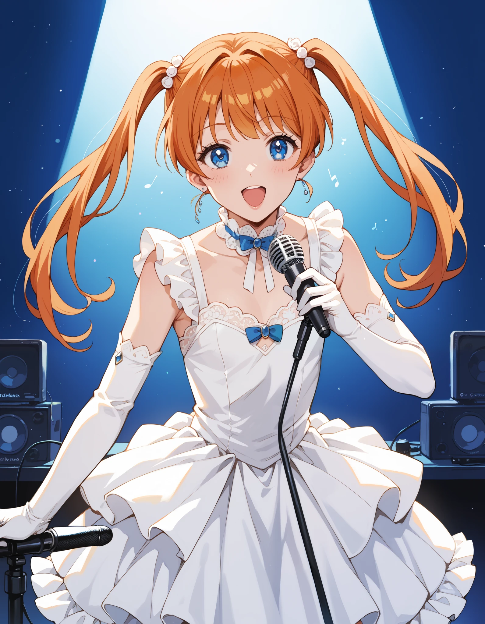 Score_9, score_8_up, score_7_up, source_anime, Inaba Kyouko, solo, twintails, orange hair, blue eyes, flat chest, (best quality), (high quality), {masterpiece}, extremely delicate and beautiful, ultra-detailed, beautiful detailed eyes, idol, idol costume, orange and white dress, white elbow gloves, holding microphone, on stage, screen, multi colored light, dynamic pose, singing, open mouth