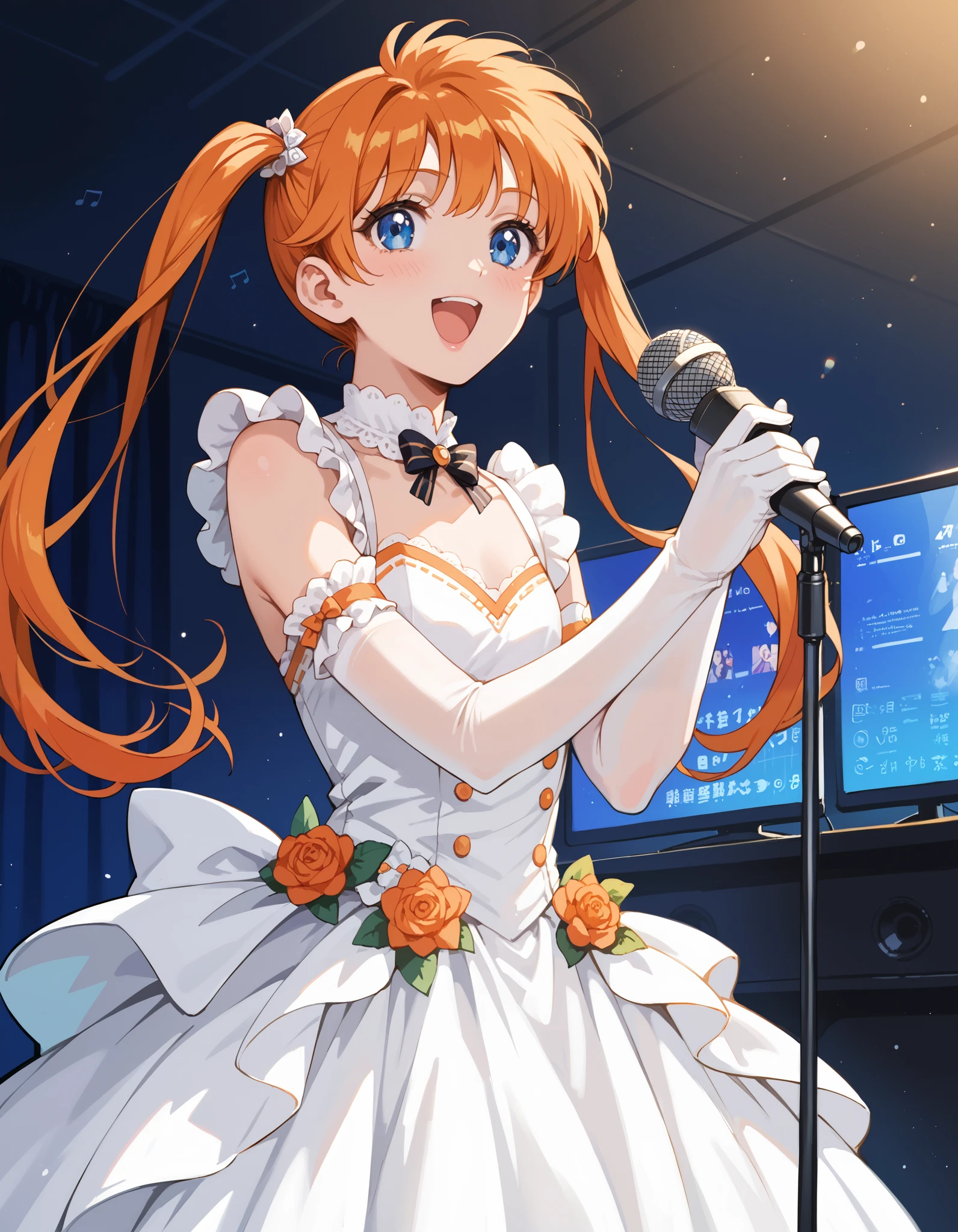 Score_9, score_8_up, score_7_up, source_anime, Inaba Kyouko, solo, twintails, orange hair, blue eyes, flat chest, (best quality), (high quality), {masterpiece}, extremely delicate and beautiful, ultra-detailed, beautiful detailed eyes, idol, idol costume, orange and white dress, white elbow gloves, holding microphone, on stage, screen, multi colored light, dynamic pose, singing, open mouth