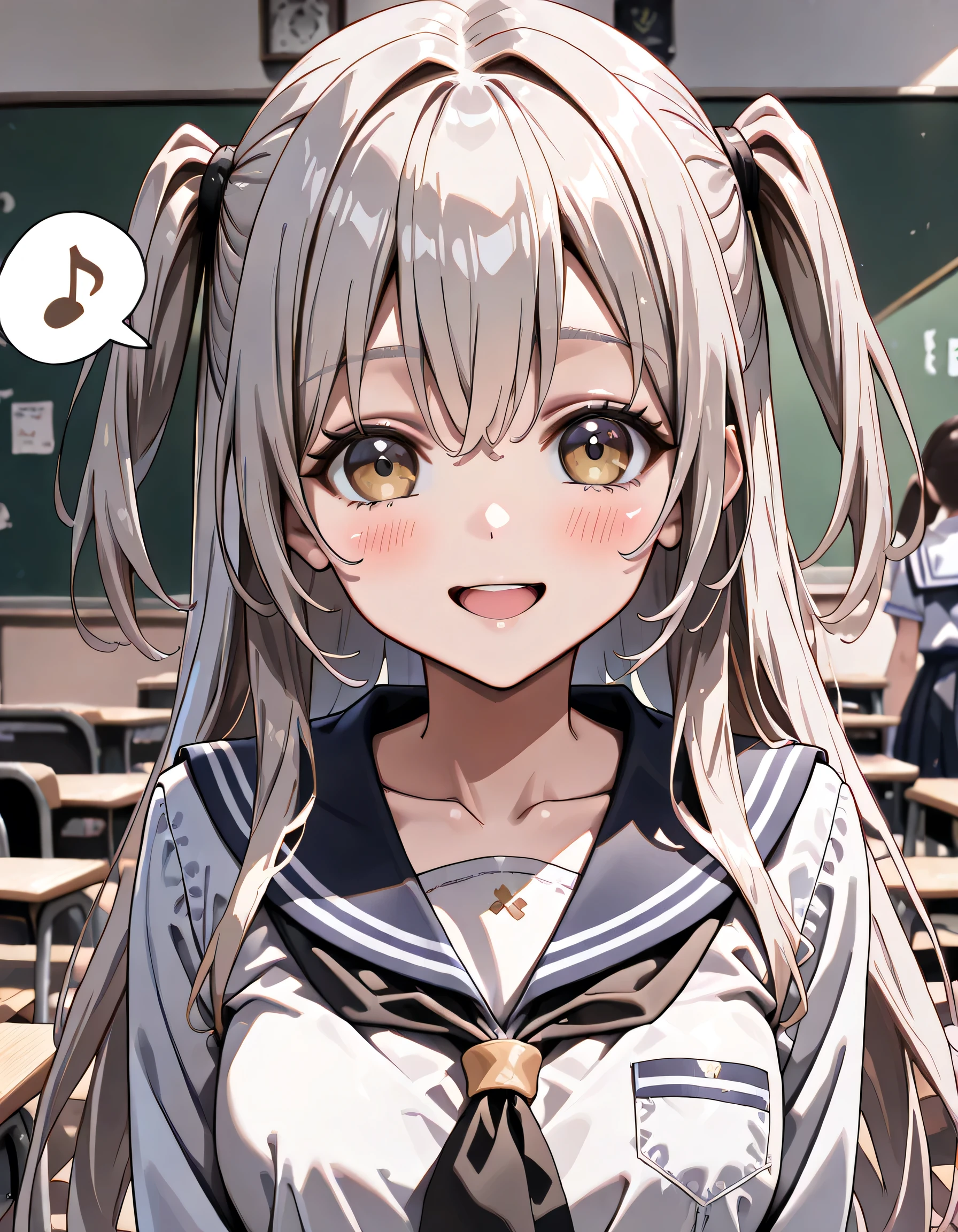 ((ultra-detailed)), (highly detailed CG illustration), (best quality:1.2), ultra-highly detailed, colorful composition, artistic photoshoot, 1girl, solo focus, ((upper body:1.4)), moe anime character, girl, dainty facial structure, (bab(round face), ((rounded chin:1.2)), celia-default, celia claire, (blue eyes), ((silver hair color)), ((two side up hair)), ample breasts, school uniform, sailor suit, traditional Japanese style with navy blue and white colors, ((happy:1.5)), ((joyful:1.5)), ((laughing:1.4)), ((blush:1.4)), ((thumbs up)), ((looking viewer)), ((spoken music note:1.4)), ((standing in the classroom)), from front, best quality, masterpiece, expecting, pink cheek, blush, light pink gloss slip, portrait, depth of field, soft lighting, sidelighting, (shine), lighting, caustics, ray tracing, smile, perfect face, lustrous skin, highly detailed face, highly detailed eyes, perfect face, perfect nose, perfect hair, perfect eyes, perfect anatomy, beautiful hair, beautiful small face, extremely detailed face, beautiful detailed eyes, beautiful clavicle, beautiful body, beautiful ample breasts, leavage, breasts squeezed together, equalize the size of the left and right breasts, beautiful thin thighs, beautiful legs, beautiful fingers, 4 fingers, 1 thumb, lovely, (very detailed background:1.0), (highly detailed background:1.0), spring aesthetic, intricate details, joyful atmosphere, spring colors palette, chromatic aberration