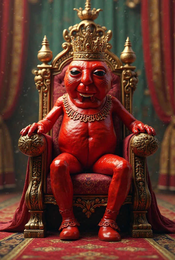 satan on his ruling throne made out of bones ,royal hall,pool of blood, red skin, chubby, hairy, hairy belly, high resolution, ultra-detailed, sharp focus, detailed eyes, symmetrical eyes, expressive eyes, clear pupils, focused gaze , king's expression is intimidating with a sense of authority, solo, masterpiece, best quality, male, mature, manly, detailed nipples, photorealistic, 8k, (wide dynamic range, hdr:1.2), sitting, (night:1.2), light, looking at viewer, pose, tight underwear with a realistic bulge in the front, emphasizing the natural shape, detailed fabric texture, Blood, bones and human skulls on the ground, soft shadows highlighting the contours ,full body, spread legs, shadow, leaning back, hell, very short fur, detailed skin texture, high contrast lighting, feet