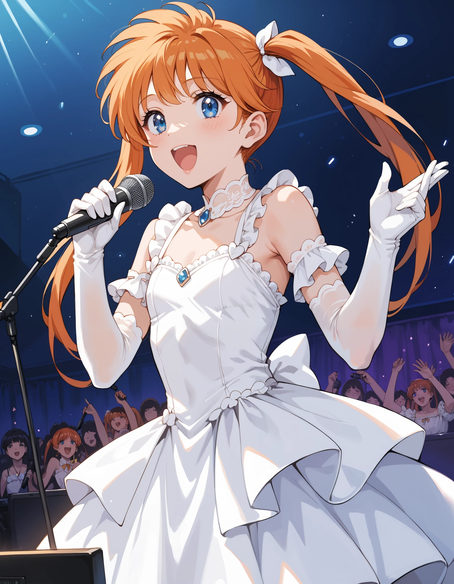 Score_9, score_8_up, score_7_up, source_anime, Inaba Kyouko, solo, twintails, orange hair, blue eyes, flat chest, (best quality), (high quality), {masterpiece}, extremely delicate and beautiful, ultra-detailed, beautiful detailed eyes, idol, idol costume, orange and white dress, white elbow gloves, holding microphone, on stage, screen, multi colored light, dynamic pose, singing, open mouth
