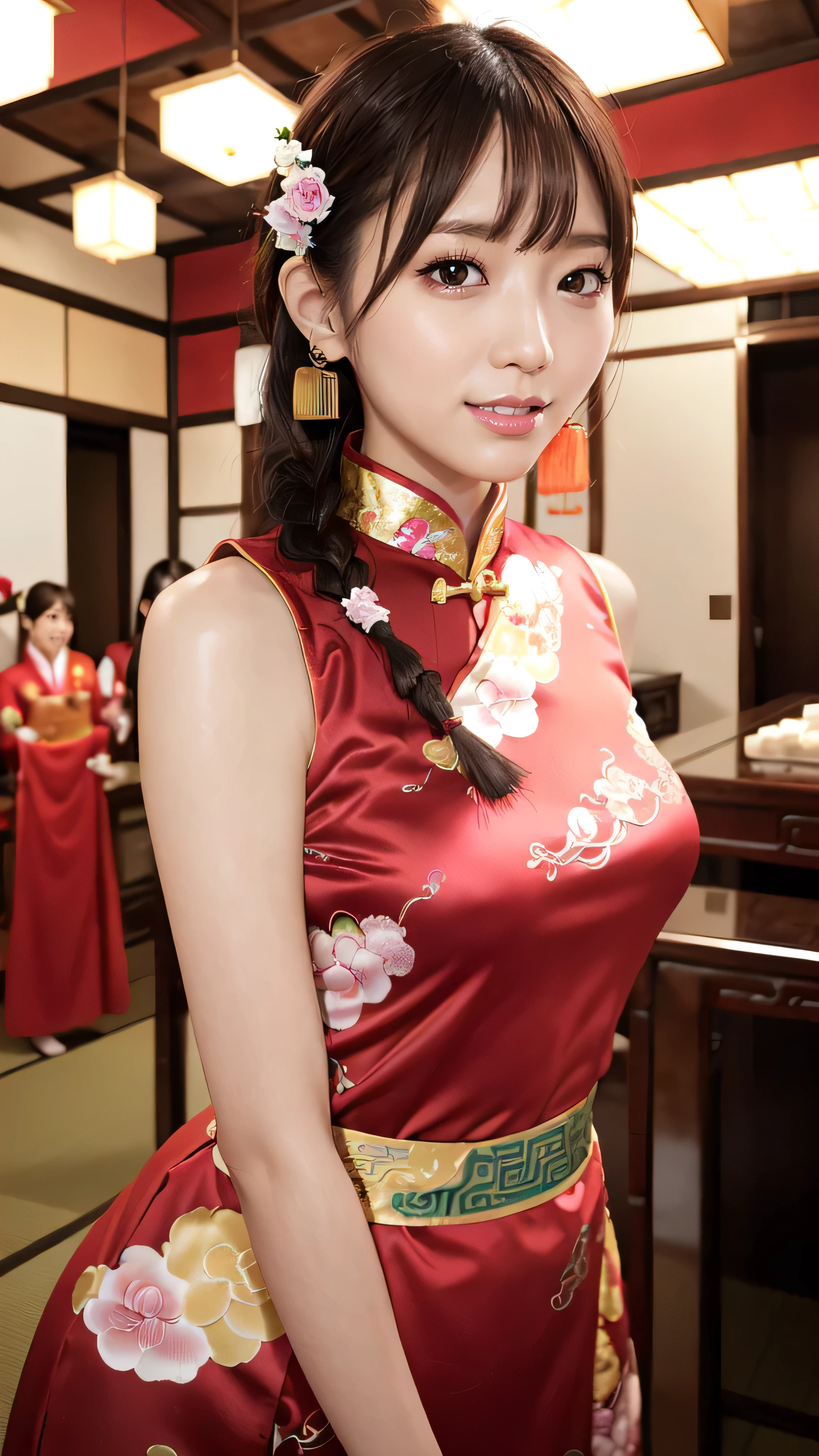 realistic, masterpiece, Highest quality, is anatomically correct, accurate human body structure, 7 heads, Height: 165cm, A Japanese woman takes a selfie with a fisheye lens, profile, stares at viewers, open your mouth and smile , stares at the viewers, fine, beautiful eyes , sparkling eyes, thin eyebrows, give your lashes a delicate finish, false eyelashes, ( traditional Chinese makeup :1.2), (Dumpling+Braided Hair, middle part, Hair:1.2), detailed faces, Sharp Eyes, ( Traditional Chinese Dresses , clothes that fit your body perfectly , Random Color :1.3), upper body picture, Background like ink painting