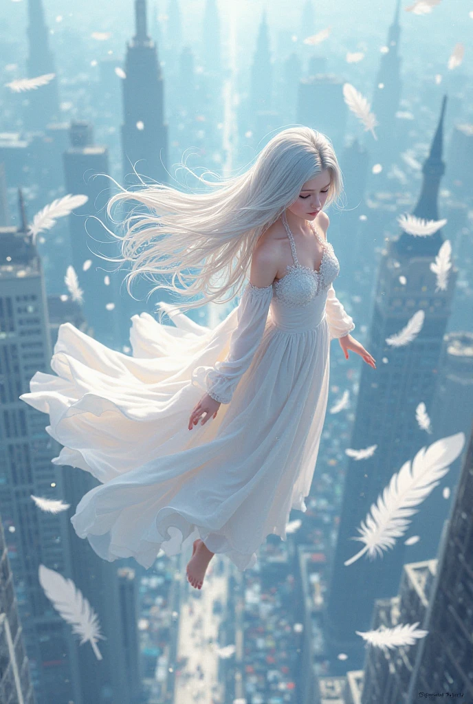 anime, shoot from above, Wide viewing angle, looking away, 1girl , yet, White feathers are floating in the sky, young woman wearing a white dress, The girl is a young woman in a white dress hanging from her feathers, The girl is looking down at the city from above, masterpiece, anime style
