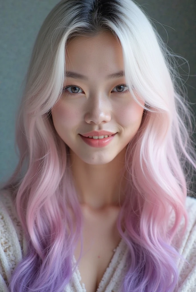 The hair color of a girl in her 20s with long hair is white ash and accented with pink and purple strands. A very beautiful Asian girl with a slight smile as if she were shooting a video and holding a photoshoot
