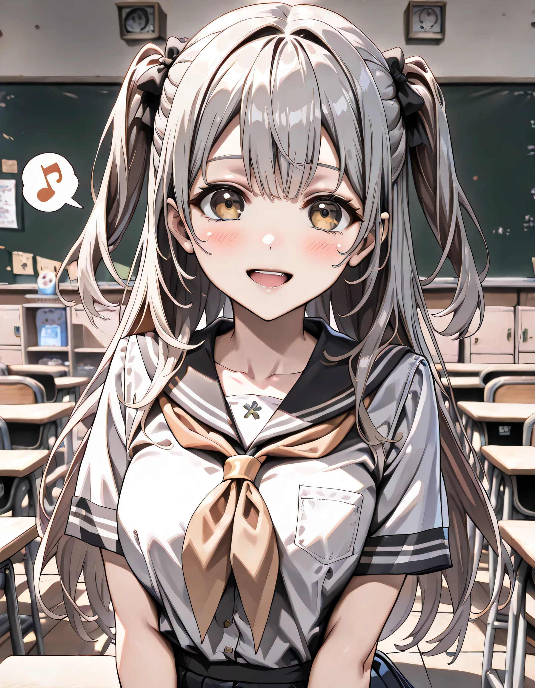 ((ultra-detailed)), (highly detailed CG illustration), (best quality:1.2), ultra-highly detailed, colorful composition, artistic photoshoot, 1girl, solo focus, ((upper body:1.4)), moe anime character, girl, dainty facial structure, (bab(round face), ((rounded chin:1.2)), celia-default, celia claire, (blue eyes), ((silver hair color)), ((two side up hair)), ample breasts, school uniform, sailor suit, traditional Japanese style with navy blue and white colors, ((happy:1.5)), ((joyful:1.5)), ((laughing:1.4)), ((blush:1.4)), (right arm forward), ((thumbs up)), ((looking viewer)), ((spoken music note:1.4)), ((standing in the classroom)), from front, best quality, masterpiece, expecting, pink cheek, blush, light pink gloss slip, portrait, depth of field, soft lighting, sidelighting, (shine), lighting, caustics, ray tracing, smile, perfect face, lustrous skin, highly detailed face, highly detailed eyes, perfect face, perfect nose, perfect hair, perfect eyes, perfect anatomy, beautiful hair, beautiful small face, extremely detailed face, beautiful detailed eyes, beautiful clavicle, beautiful body, beautiful ample breasts, leavage, breasts squeezed together, equalize the size of the left and right breasts, beautiful thin thighs, beautiful legs, beautiful fingers, 4 fingers, 1 thumb, lovely, (very detailed background:1.0), (highly detailed background:1.0), spring aesthetic, intricate details, joyful atmosphere, spring colors palette, chromatic aberration