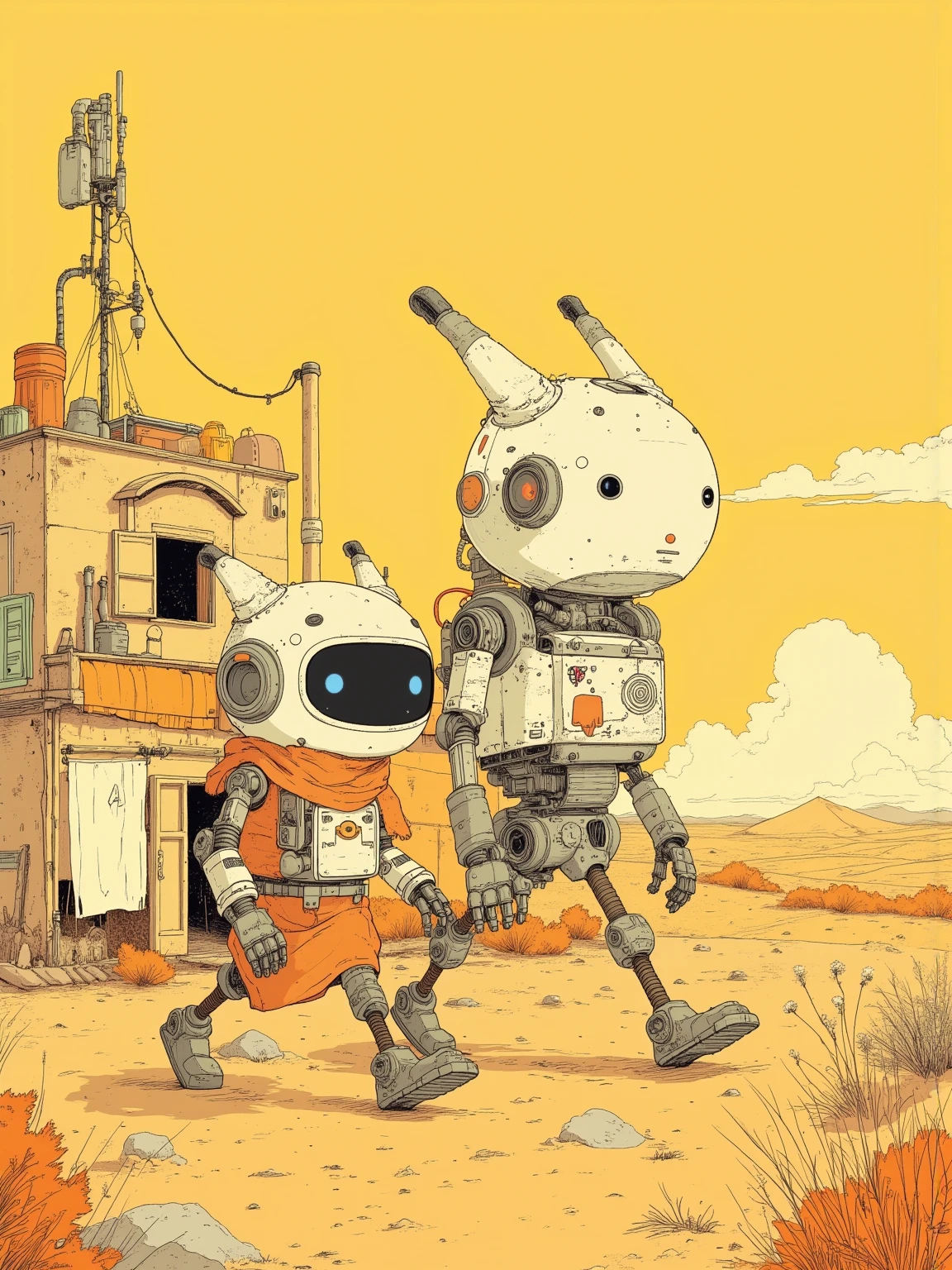 is a cute robot with animal motifs of two little characters that walk in the desert(One walking on two legs,and the other walking on four legs)Picture,The design of the Chibi Chara Robot has a rounded form that mechanically reproduces long legs and a curved back,Pistons and gears on the legs,with details with rust and dust adhering to the metal texture,materials specific to the desert（Cloth and wood）that contrasts with futuristic mechanisms,walking villager,small markets,drying laundry,water supply system with built-in robot（tanks and pipes）、wind generators,communication antenna,endless sand dunes and distant horizons,golden sky at sunset,draw an oasis far and small in contrast with a baby character robot,Fantastic Atmosphere,dreamy high-contrast illustrations,Kilian Eng. Moebius,  Tom Wesselman Inspired,full color illustration,Clean Illustration Inspired by Skiers  ,   Detailed 2D Illustration  ,  Detailed painting by Gouache   , Poster illustration,  2 d gouache illustration , Vivid but undersaturated illustrations