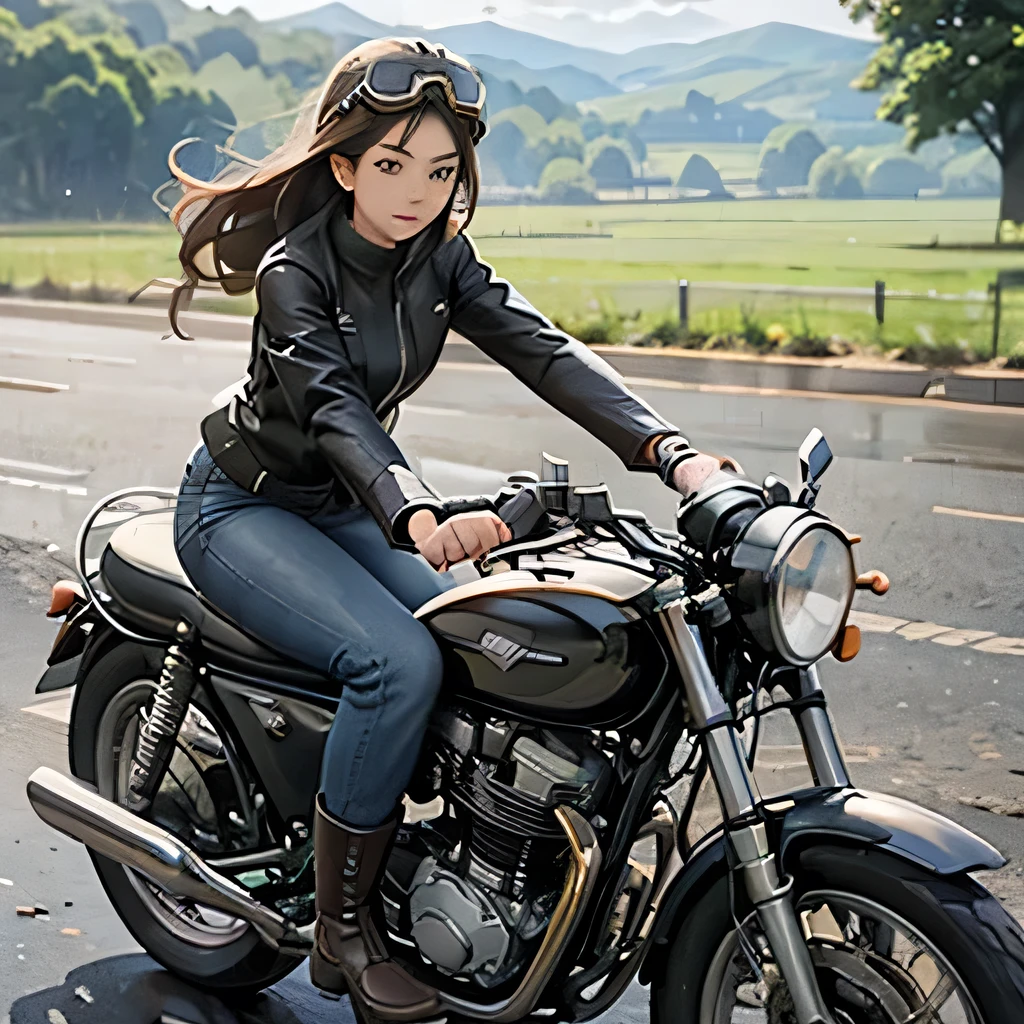 Vintage Bikes、victory、Isle of Man Races、(A young female rider speeds along on a motorcycle)、Leather jumper、Cromwell helmet with goggles、After the Rain、English countryside、masterpiece, best quality, high resolution, 8k,