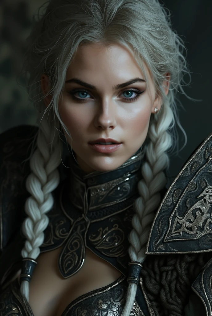 a woman with an eyepatch over one eye, detailed armor, Targaryen, black armor, medieval, intricate details, digital art, cinematic lighting, dramatic, elegant, powerful, mysterious, portrait, highly detailed, photorealistic, 8k, ultra detailed, hyperrealistic, octane render, artstation, ArtStation, concept art, sharp focus, studio lighting