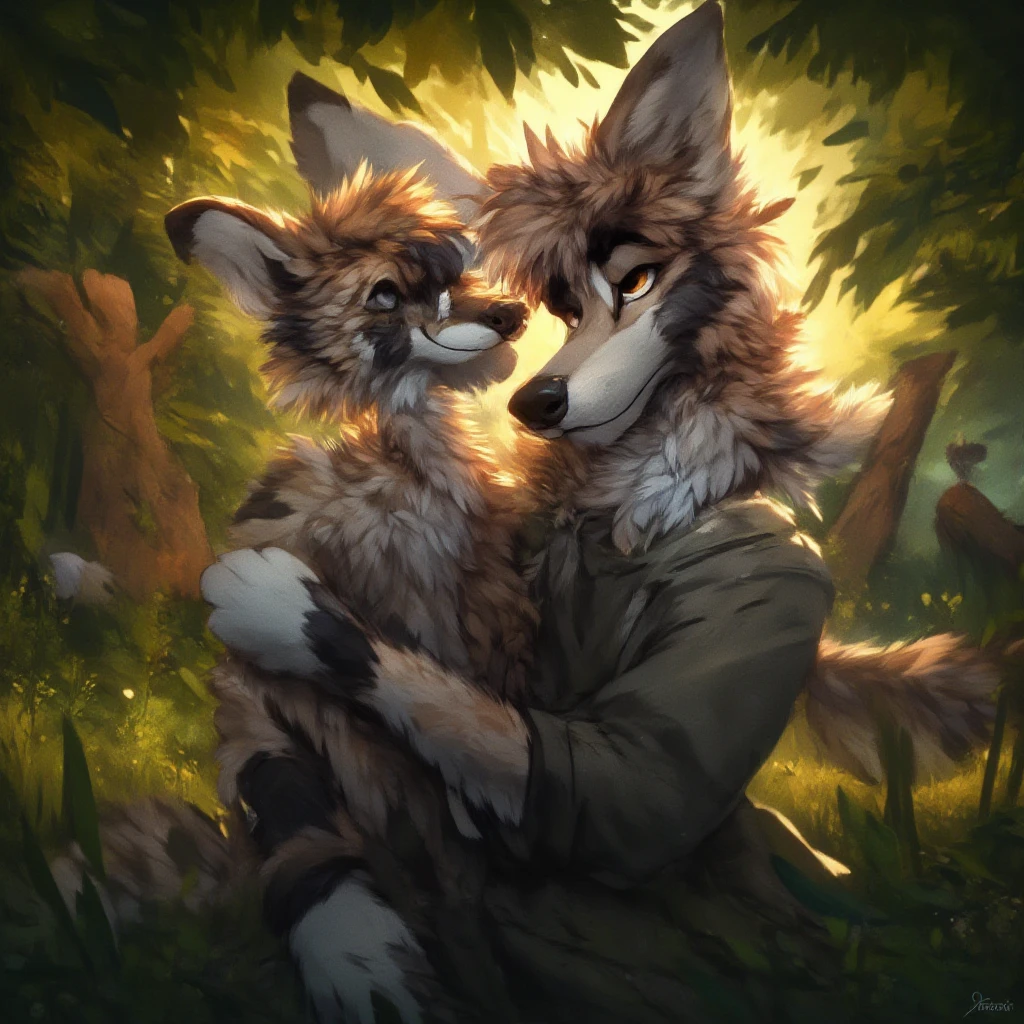 by kenket, Ross Tran, ruan jia, zaush, foxovh, by Zackary911, by hyattlen, by teranen, by fumiko, by Pixelsketcher, by Bayard Wu, by Thomas Benjamin Kennington, by Einshelm, by Kilinah, by Coffeesoda, by Hioshiru, by fluff-kevlar, bye r-mk, by Dimwitdog, Duo, Male and Male, Inside forest, Mountain background, (Male wearing Green logo shirt and White shorts)