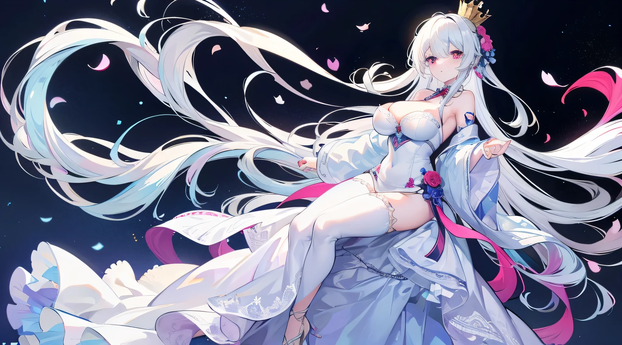 anime styled。illustratio。Fantasia。White feathers。girl with。lipsticks。eye glass。is in estrus。undergarment。Background with scattered flowers。Colossal tits。pubick hair。teats。a miniskirt。Shy。Turning around and sticking out your butt。