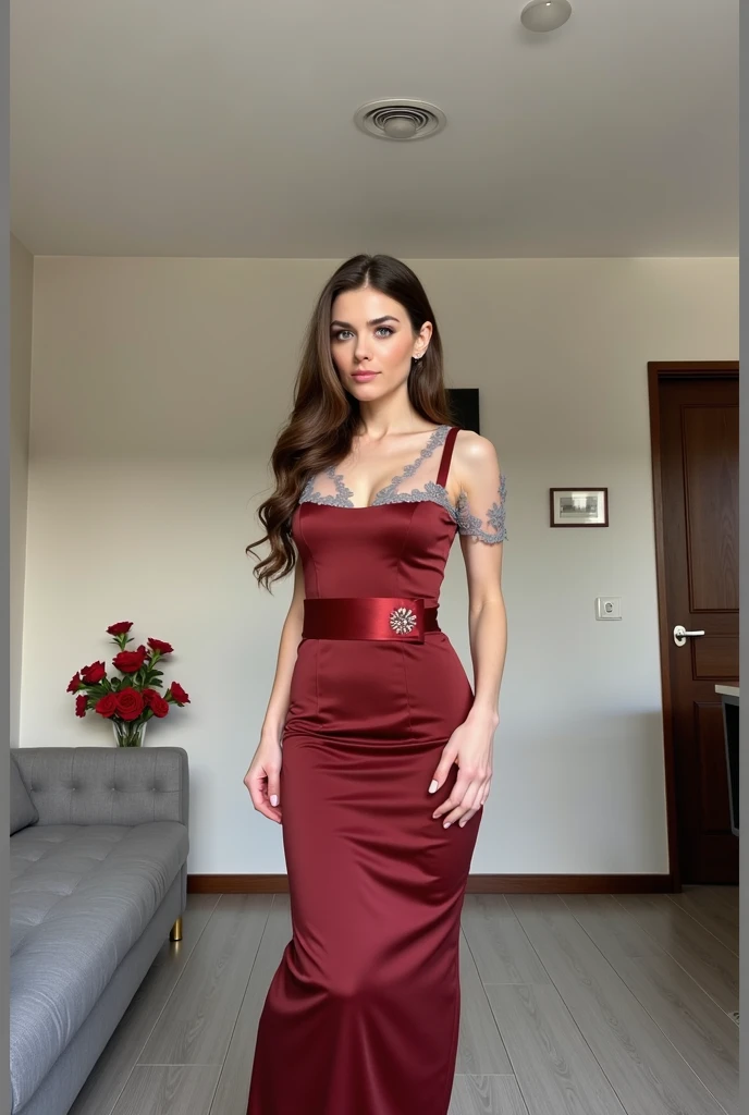 Gray haired woman, grey eyes, Royals, Red dress, red jewelry, red earrings, Lunar, Nobility, Aristocrat, high quality, Very detailed, detailed face, Masterpiece, castillo, Drinking tea, garden, flores, naked lights