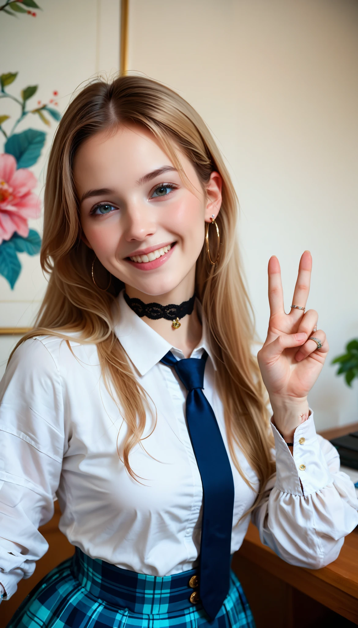 photorealism,(((Perfect Anatomy、Correct finger)))1 girl, long blond hair with pink tips , cheerful pose , smiles, Hands making a V sign near the eyes, I put on a white shirt and rolled up my sleeves, blue plaid skirt, Loose blue tie, Black choker with ring , earrings, gentle flushing tide, Bright and cheerful expression, green chroma key background, Vibrant youth々 atmosphere, close-up composition 、 beautiful lace dress with floral pattern , sharp concentration, Physically-Based Rendering, Extreme Details DESCRIPTION, professional,
