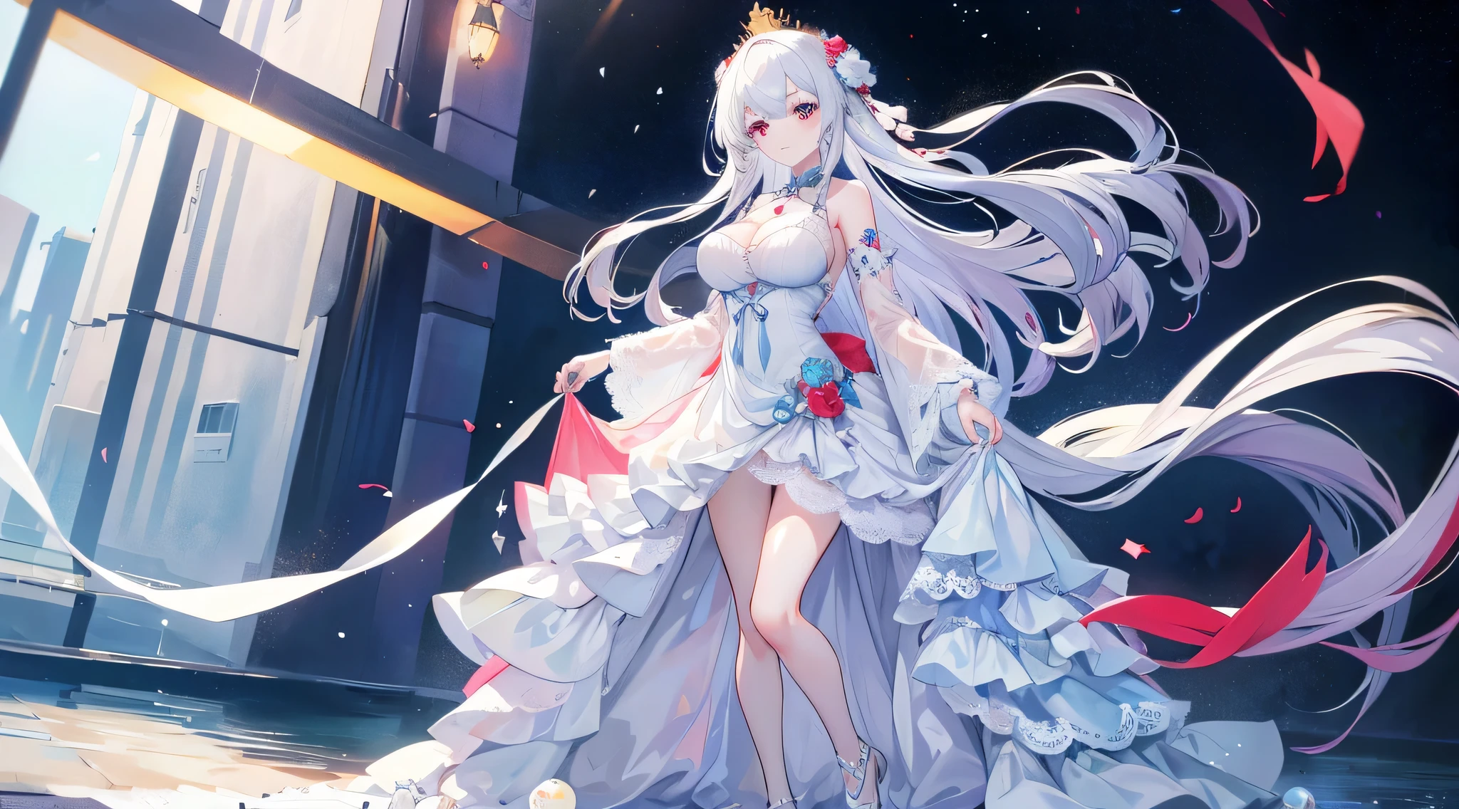 女の子1人、Santa Girl、Christmas、nigh sky、Christmas tree、It's snowing、、Too large breasts、cleavage of the breast、white wedding dress and lace cape 、white hair、Twin-tailed、Fluffy and soft long hair、A sparkling Christmas night、stele々shining brightly、A smile、Golden Eyes、European streets are decorated for Christmas、A sexy、Transparent、wedding dress、lace veil and tiara