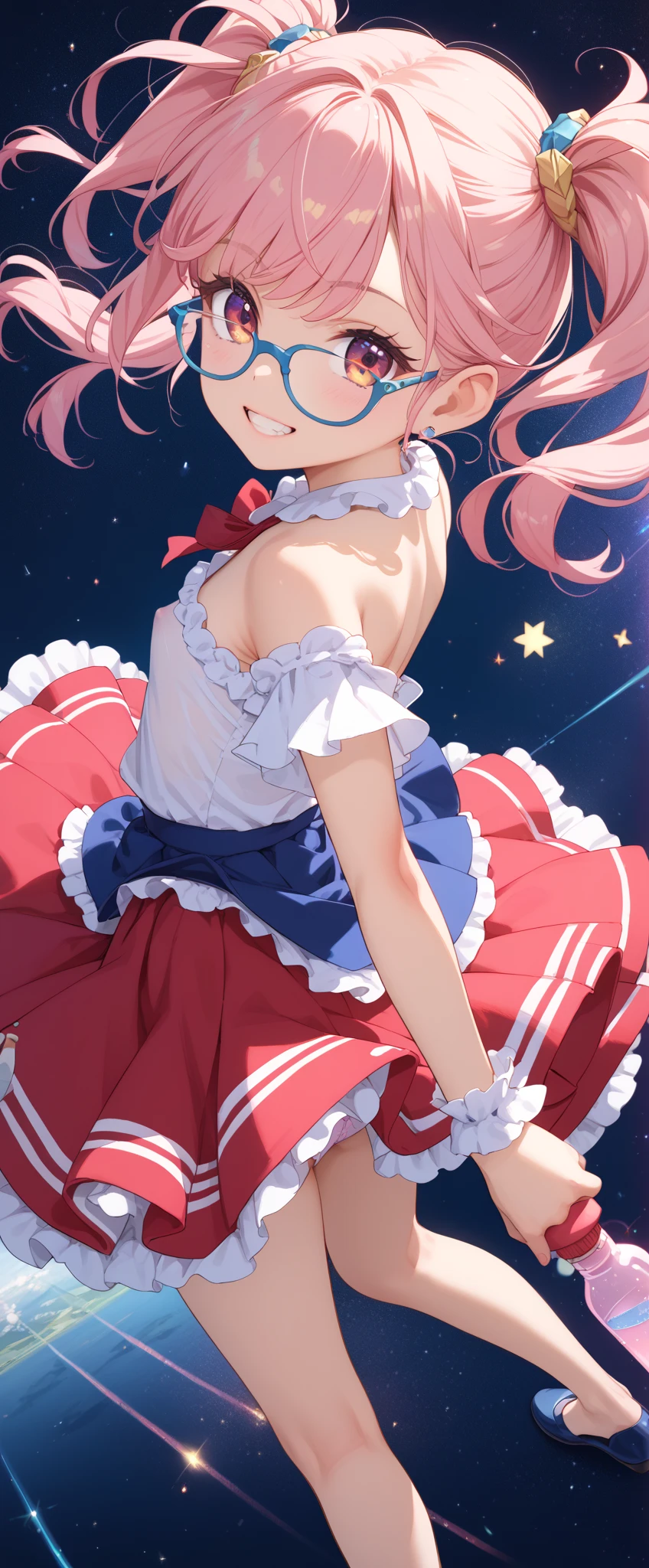 she has light red skin, a white four-pointed star around her right eye, a red spot on her left cheek, two white stripes across her right leg, and three yellow dots across her left leg. sHe wears a yellow cap with a light blue tip, and a yellow collar with pinkish-purple tips. she has green irises in the anime. SPARKLE; GLITTER