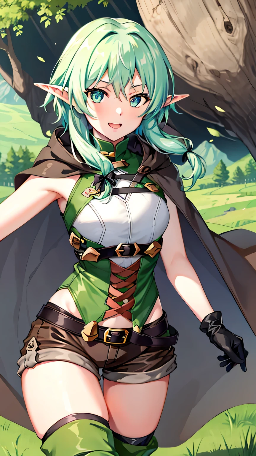 {{{masterpiece}}}, (best quality:1.5), (ultra-detailed:1.5), {illustration}, {{an extremely delicate and beautiful}}, (beautiful detailed eyes:1.6), absurdres, highres, extremely detailed face, 16k, hd, visual anime de uma jovem mulher, extremamente bonito rosto de anime, anime melhor garota, (perfect hands, perfect anatomy), anime face, High Elf Archer(Goblin Slayer), cute face, 1girl, solo, elf, green hair, long hair, bangs, sidelocks, hair bow, pointy ears, green eyes, medium breasts, big hips, curvaceous, BREAK, cloak, brown long cape, hood down, sleeveless shirt, green bustier, black gloves, black belt, brown shorts, short shorts, green thighhighs, thighs, zettai ryouiki, BREAK, smiling, looking at viewer, open mouth, flushed cheeks, (bust shot:1.3), outdoor, mountain, daytime, forest, flower garden, field, medium close-up shot