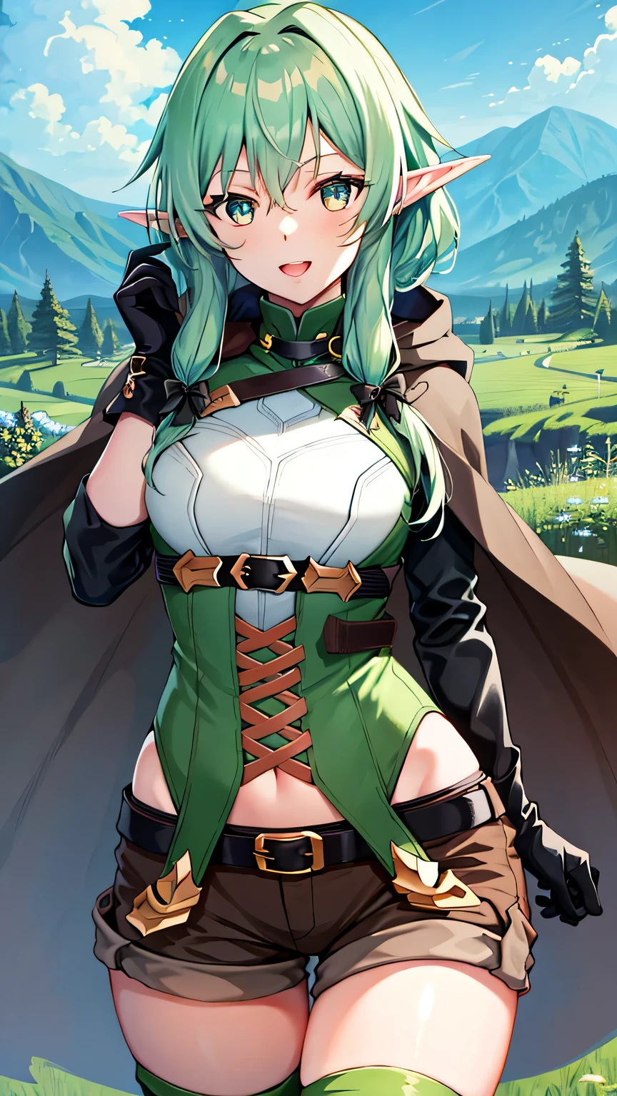{{{masterpiece}}}, (best quality:1.5), (ultra-detailed:1.5), {illustration}, {{an extremely delicate and beautiful}}, (beautiful detailed eyes:1.6), absurdres, highres, extremely detailed face, 16k, hd, visual anime de uma jovem mulher, extremamente bonito rosto de anime, anime melhor garota, (perfect hands, perfect anatomy), anime face, High Elf Archer(Goblin Slayer), cute face, 1girl, solo, elf, green hair, long hair, bangs, sidelocks, hair bow, pointy ears, green eyes, medium breasts, big hips, curvaceous, BREAK, cloak, brown long cape, hood down, sleeveless shirt, green bustier, black gloves, black belt, brown shorts, short shorts, green thighhighs, thighs, zettai ryouiki, BREAK, smiling, looking at viewer, open mouth, flushed cheeks, (bust shot:1.3), outdoor, mountain, daytime, forest, flower garden, field, medium close-up shot