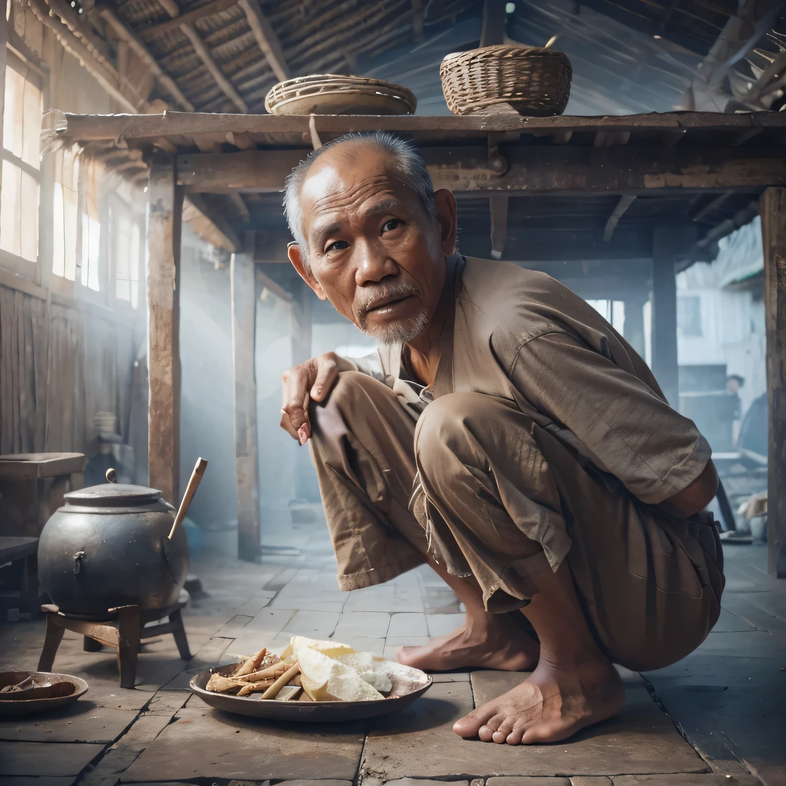 male prisoner, Chinese, head wound, shirtless, ?????, The light dim..., dark room, very thin body., Smoke drift, glabrous, Chinese pants, blood in the body, Wonderful art., Awesome shots., Horror pictures, pan, ควันจากpan, old wooden house, blood on the wall of the house, Smoke driftผ่านเเสงเเดด,