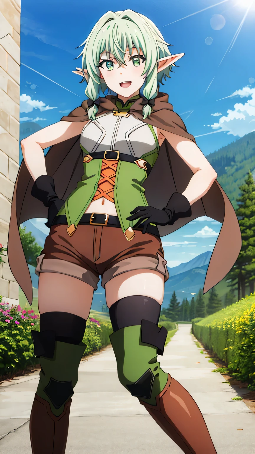 {{{masterpiece}}}, (best quality:1.5), (ultra-detailed:1.5), {illustration}, {{an extremely delicate and beautiful}}, (beautiful detailed eyes:1.6), absurdres, highres, extremely detailed face, 16k, hd, visual anime de uma jovem mulher, extremamente bonito rosto de anime, anime melhor garota, (perfect hands, perfect anatomy), anime face, High Elf Archer(Goblin Slayer), cute face, 1girl, solo, elf, green hair, short hair, bangs, sidelocks, long sideburns, hair bow, pointy ears, green eyes, medium breasts, big hips, curvaceous, BREAK, cloak, brown long cape, hood down, sleeveless shirt, green bustier, black gloves, black belt, brown shorts, short shorts, green thighhighs, brown footwear, knee boots, thighs, zettai ryouiki, BREAK, smiling, looking at viewer, open mouth, flushed cheeks, flash effect, outdoor, mountain, daytime, forest, flower garden, field, sunshine, peer in from below