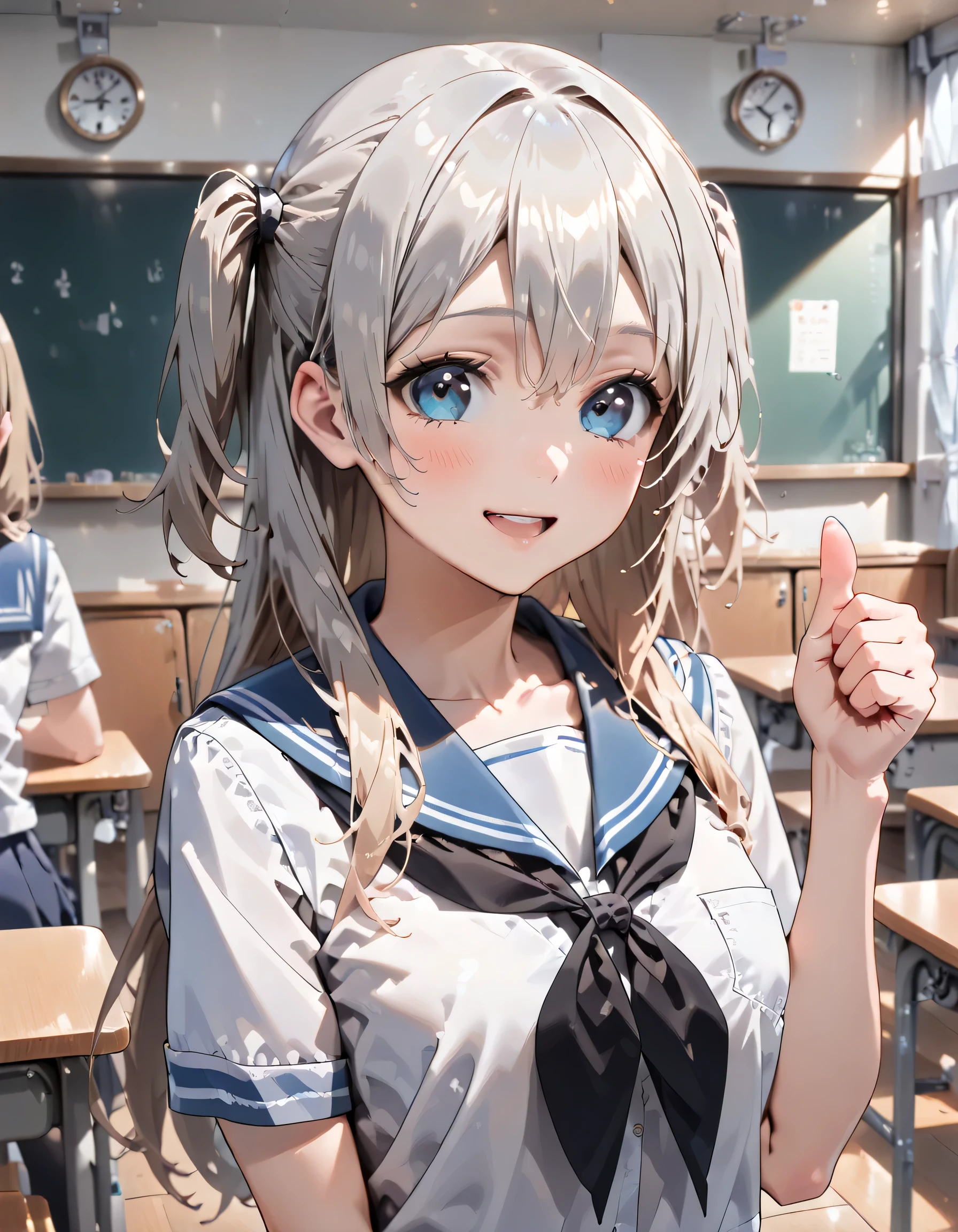 ((ultra-detailed)), (highly detailed CG illustration), (best quality:1.2), ultra-highly detailed, colorful composition, artistic photoshoot, 1girl, solo focus, ((upper body:1.4)), moe anime character, girl, dainty facial structure, (bab(round face), ((rounded chin:1.2)), celia-default, celia claire, (blue eyes), ((silver hair color)), ((two side up hair)), ample breasts, school uniform, sailor suit, traditional Japanese style with navy blue and white colors, ((happy:1.5)), ((laughing:1.4)), ((blush)), ((looking viewer)), ((thumbs up:1.4)), holding one hand out in front, ((standing in the classroom)), from front, best quality, masterpiece, expecting, pink cheek, blush, light pink gloss slip, portrait, depth of field, soft lighting, sidelighting, (shine), lighting, caustics, ray tracing, smile, perfect face, lustrous skin, highly detailed face, highly detailed eyes, perfect face, perfect nose, perfect hair, perfect eyes, perfect anatomy, beautiful hair, beautiful small face, extremely detailed face, beautiful detailed eyes, beautiful clavicle, beautiful body, beautiful ample breasts, leavage, breasts squeezed together, equalize the size of the left and right breasts, beautiful thin thighs, beautiful legs, beautiful fingers, 4 fingers, 1 thumb, lovely, (very detailed background:1.0), (highly detailed background:1.0), spring aesthetic, intricate details, joyful atmosphere, spring colors palette, chromatic aberration