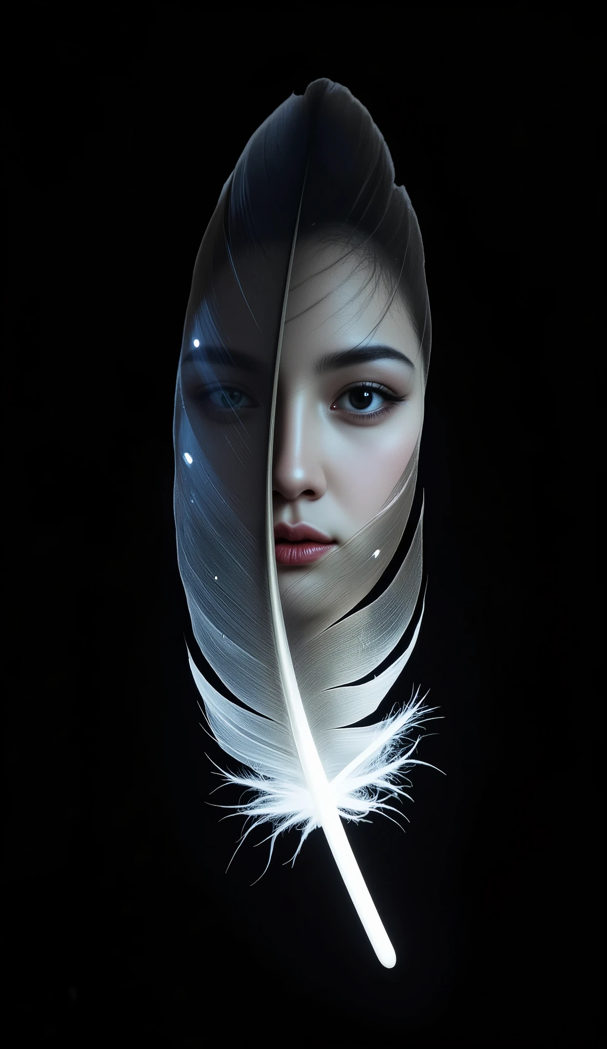 (A Floating Feather, single cutout, black background), On the surface of one feather、The figure of a beautiful woman is projected onto the surface of a single feather, \On the surface of one feather、The people you want to meet will emerge...\, Seamless Integration,