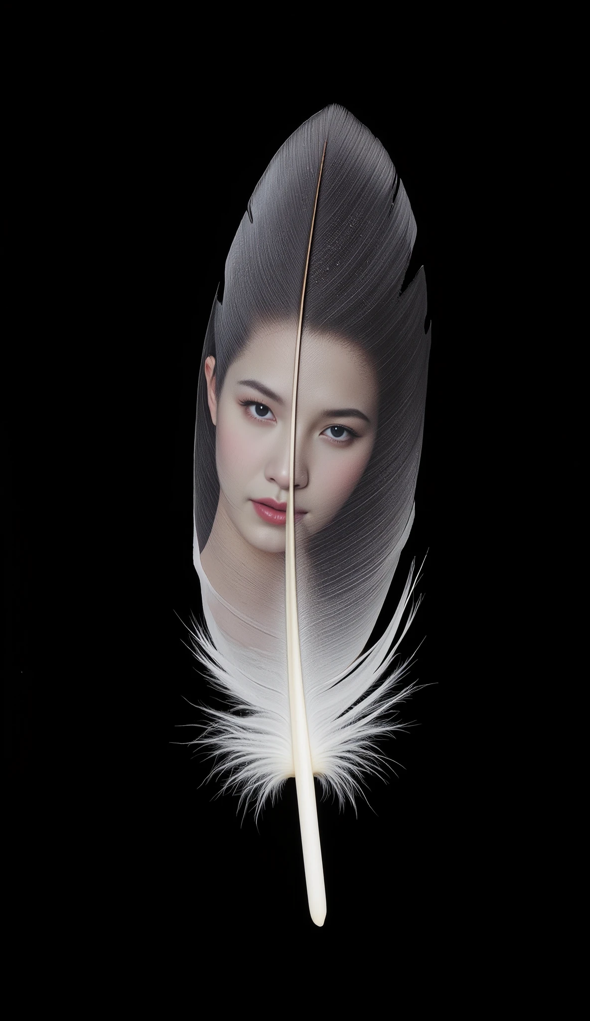 (A Floating Feather, single cutout, black background), On the surface of one feather、The figure of a beautiful woman is projected onto the surface of a single feather, \On the surface of one feather、The people you want to meet will emerge...\, Seamless Integration,