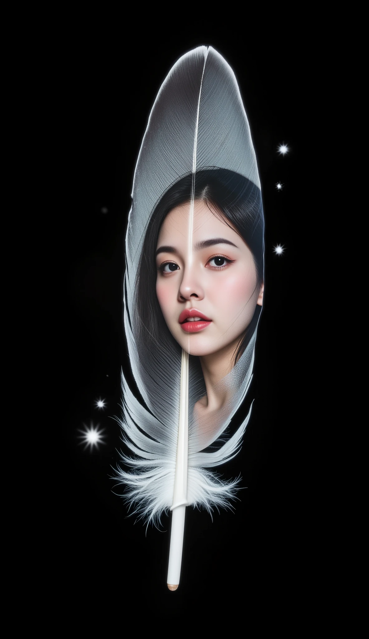 (A Floating Feather, single cutout, black background), On the surface of one feather、The figure of a beautiful woman is projected onto the surface of a single feather, \On the surface of one feather、The people you want to meet will emerge...\, Seamless Integration,