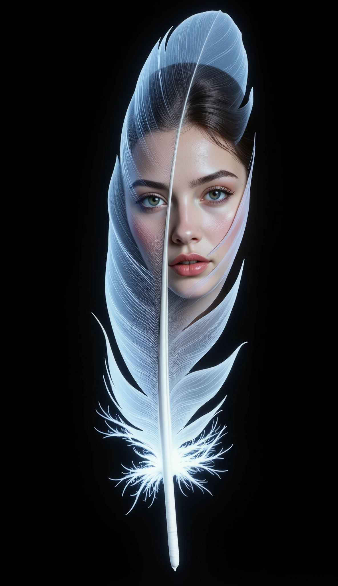 (A Floating Feather, single cutout, black background), On the surface of one feather、The image of a beautiful goddess is projected, seamless connection, Illumination art,