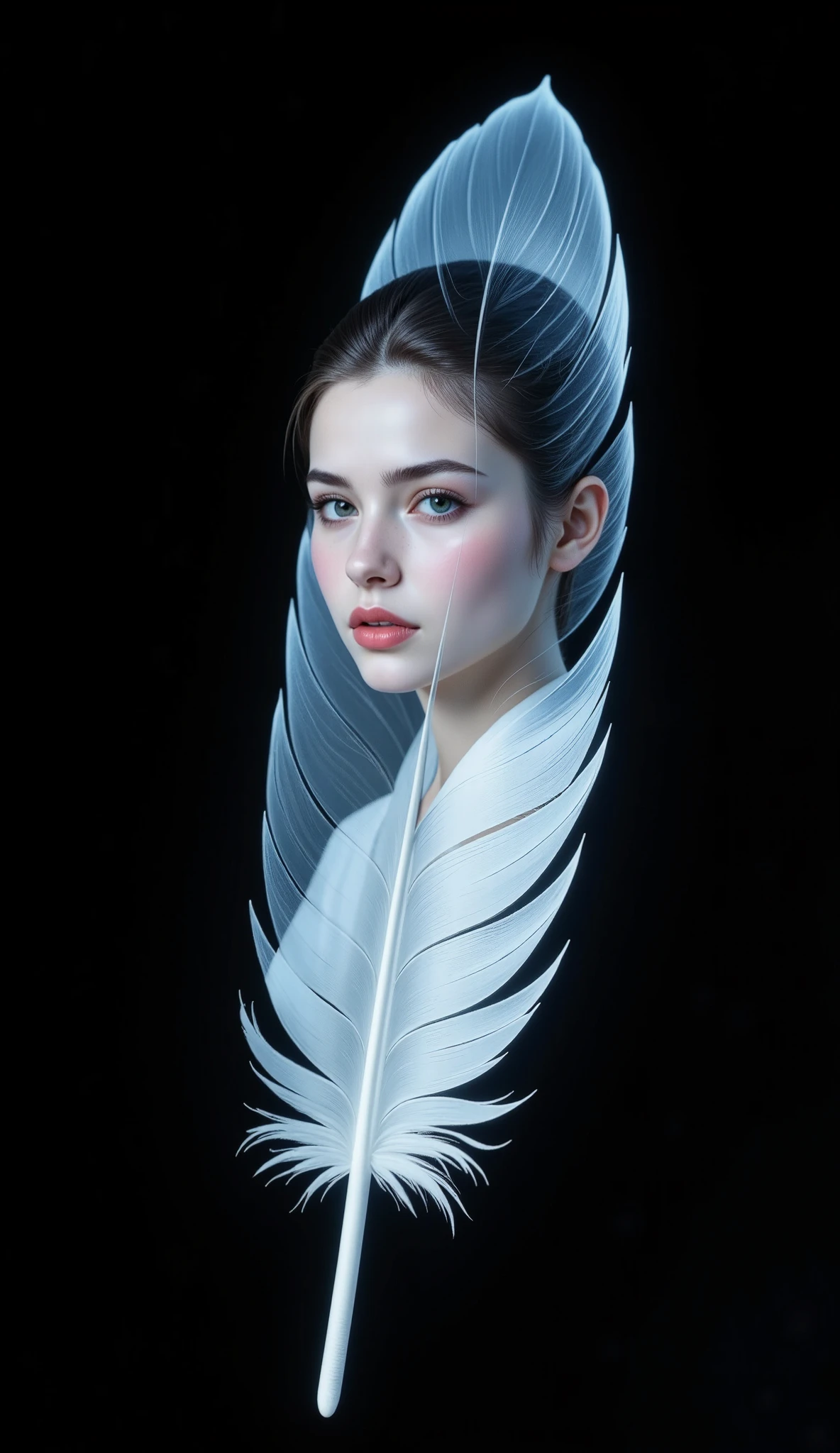 (A Floating Feather, single cutout, black background), On the surface of one feather、The image of a beautiful female god is projected, Illumination art