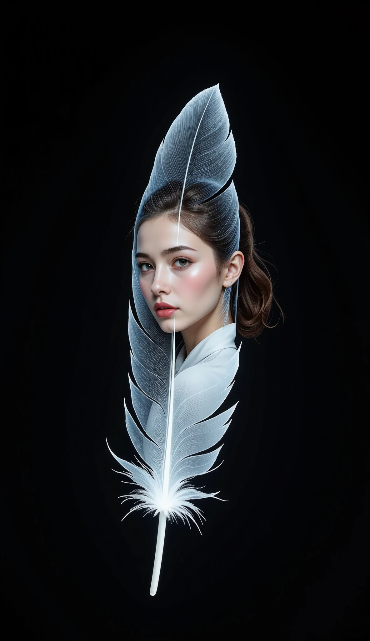(A Floating Feather, single cutout, black background), On the surface of one feather、The image of a beautiful female god is projected, Illumination art