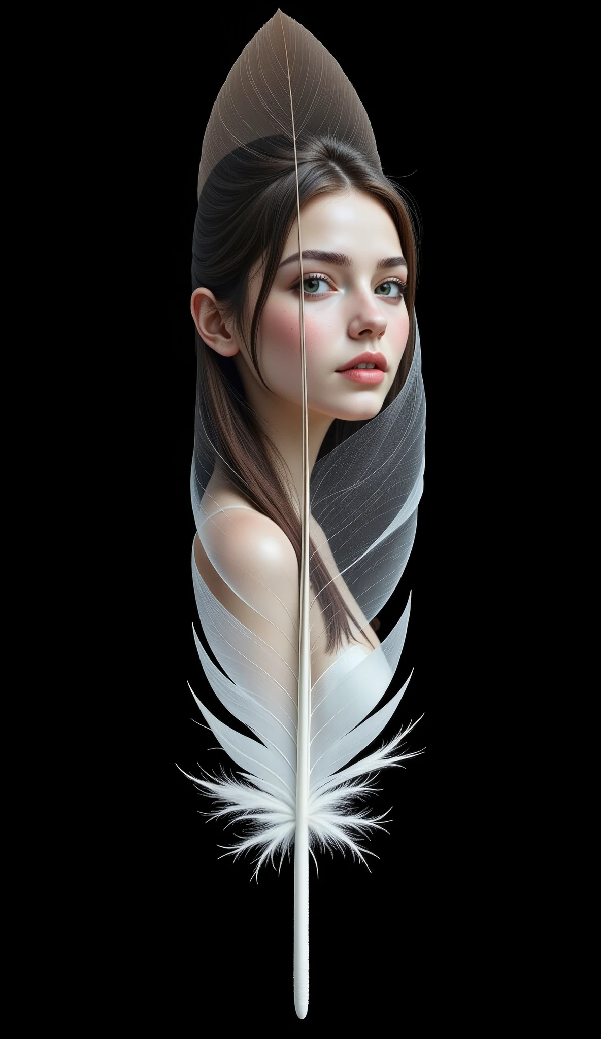 (A Floating Feather, single cutout, black background), On the surface of one feather、The figure of a beautiful female elf is projected, \On the surface of one feather、The people you want to meet will emerge...\,