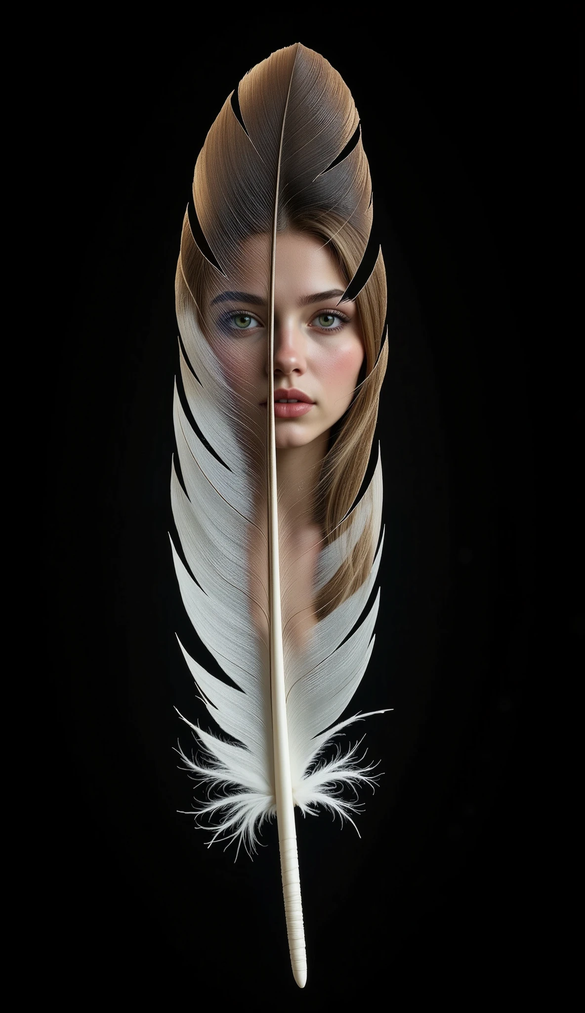 (A Floating Feather, single cutout, black background), On the surface of one feather、The figure of a beautiful female elf is projected, \On the surface of one feather、The people you want to meet will emerge...\,