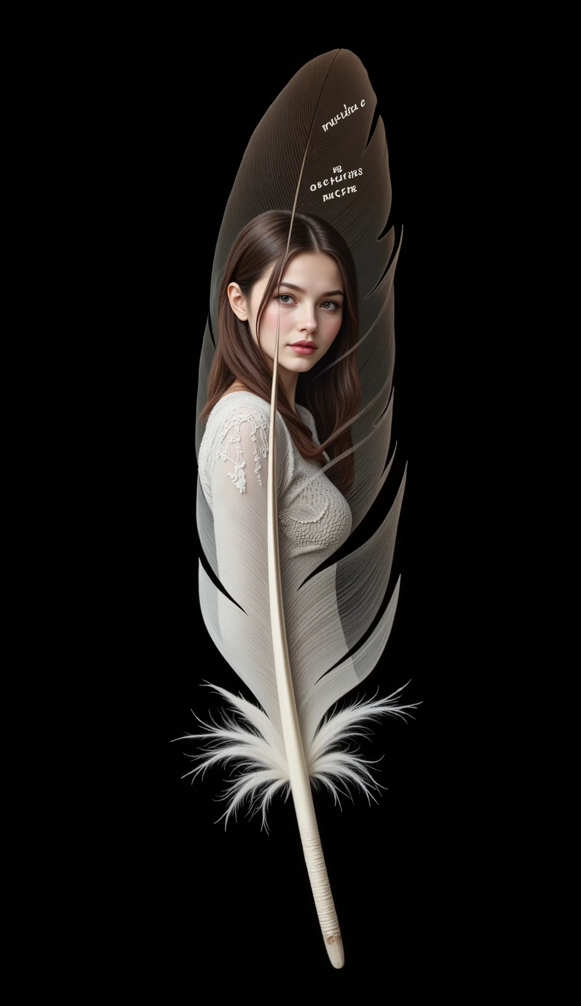 (A Floating Feather, single cutout, black background), On the surface of one feather、The figure of a beautiful female elf is projected, \On the surface of one feather、The people you want to meet will emerge...\, Seamless Integration,