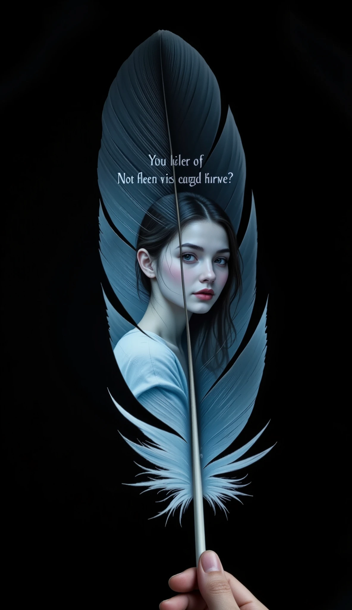 (A Floating Feather, single cutout, black background), On the surface of one feather、The figure of a beautiful female elf is projected, \On the surface of one feather、The people you want to meet will emerge...\, Seamless Integration,