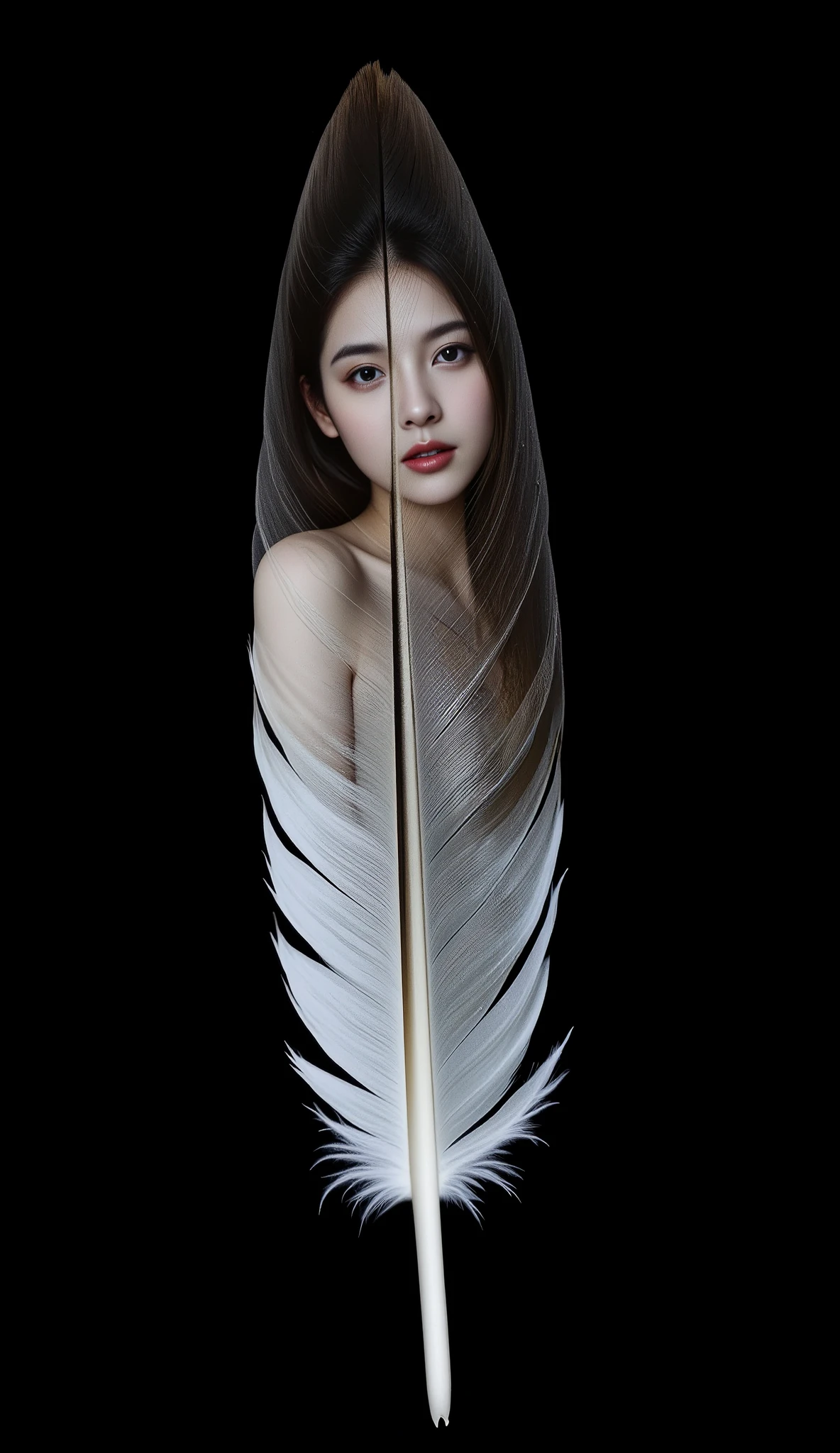 (A Floating Feather, single cutout, black background), On the surface of one feather、The figure of a beautiful woman is projected onto the surface of a single feather, \On the surface of one feather、The people you want to meet will emerge...\, Seamless Integration,