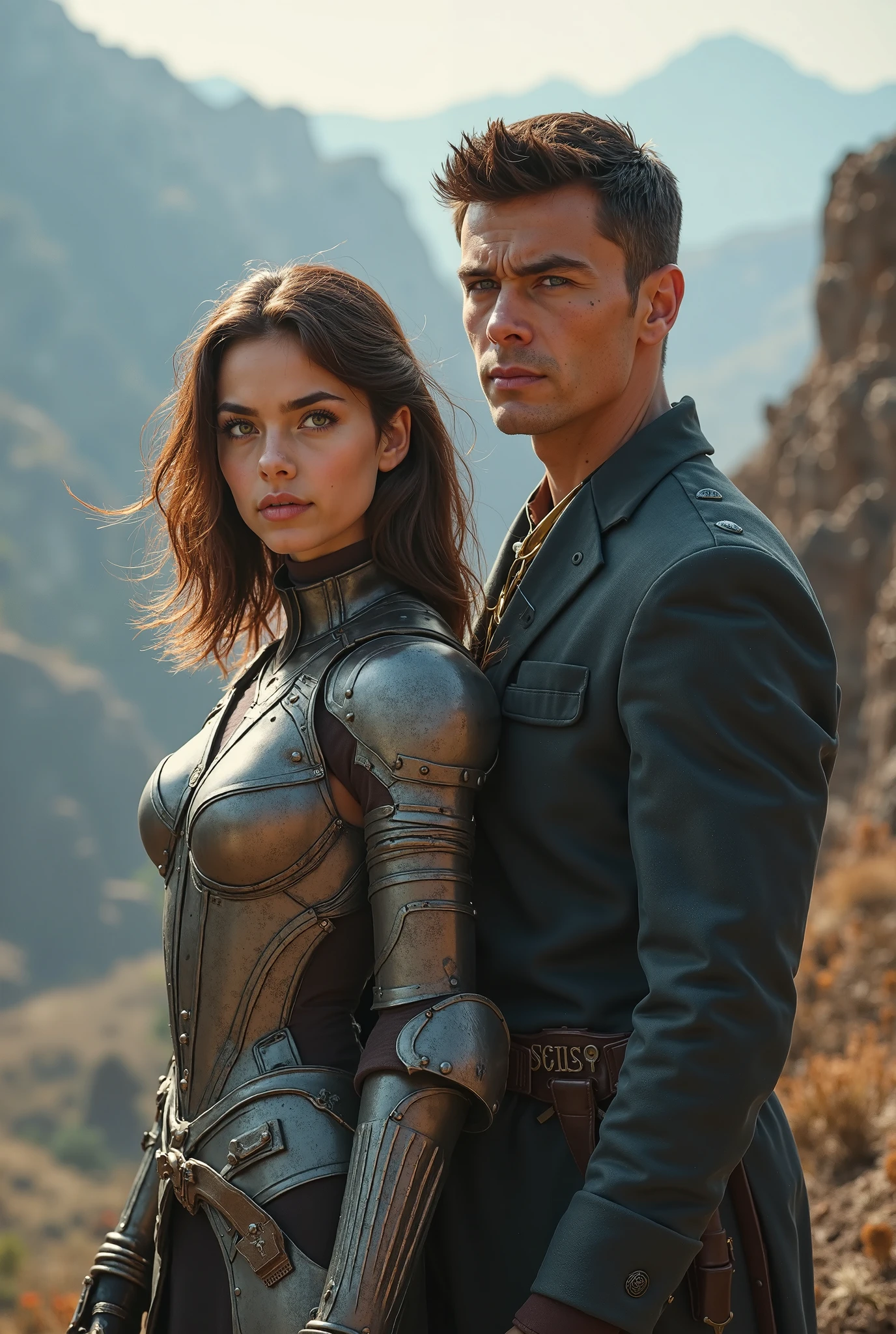 movie "Jason and the Argonauts" Atalanta with the face of a young Sigourney Weaver, dressed in silver armor, in the background black cliffs and waterfalls, vibrant colors, epic image