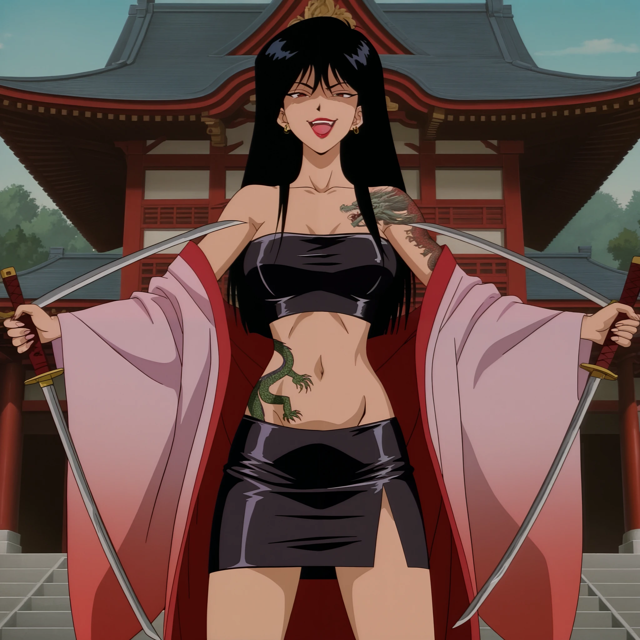 terayama reiko, black hair, long hair, , 1girl, ear piercing, long hair, , lipstick,Hot girl, baddie, smoking, sensual, attractive ,masterpiece, best quality, highly detailed, a anime girl in kimono dress ,holding sword, bare
shoulder,open kimono, evil smile, open mouth, crop top , (nsfw) not safe for work, smile, ecchi anime
style, anime girls, ecchi style, digital anime art!!, in anime style, official artwork,beautiful girl,
anime style 4 k, kimono pencil skirt, exposed belly, exposed navel, ,in a palace,exposed midriff,
exposed lower belly, outdoor, japanese architecture, temple,,, dual wielding, dragon tattoo, narrowed eyes, tattoo midriff, looking at wiewer, open arms sideway, arms T-pose, smirk, standing, anime girl T posing