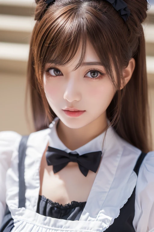 ultra detailed realistic human skin, 
japanese extremely amazingly beautiful girl,
perfect Well-formed face, perfect round face, 
perfect sized and perfect shaped chests, 
looking at viewer, passionate gaze, 
lovely smile with slightly open lips,
ultra detailed realistic photograph,
natural shaggy hair, pretty fashion
like a gothic lolita maid costume ,
face is ichigo 100% Mizuki Kawashita style, 
upper body shot, 
adorable, pretty,cute,excellent, 
charming, 
sao asuna style 