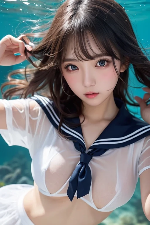 (masterpiece:1.3, Highest quality, Ultra-high resolution, Super detailed), (Realistic, photoRealistic:1.4), Perfect lighting, Natural light, colorful, Depth of written boundary, Browsing Caution, Surrealism, Front view,Beautiful detailed hair, Beautifully detailed face, Beautiful fine details, Beautiful clavicle, Beautiful body, thin脚,Beautiful feet, Beautiful breasts,Cleavage,Beautiful Hands, thin, 1 girl, Perfect Face, Hair between the eyes, blue eyes, Long eyelashes,Perfect Anatomy, Supermodel with a long neck,((Skinny1.2)),looking at the camera,(Perfect Anatomy,Highly detailed skin), Shiny skin,((beautiful girl:1.1)),(( large breasts:1.6)), (((Surprised:1.3)),(Mid-length hair:1.4, Wavy Hair:1.2, Black Hair) ,hair over one eye, Dainty facial structure,photo shoot, Sharp focus, Face Light,((Micro Bikini、Sailor swimsuit、Sailor collar:1.4)),((sideboob:1.3)), ((wind effect)),((On all fours:1.2 )),A luxurious pool on the roof of a high-rise hotel,With a spectacular city view in the background、I see blue skies and white clouds,The pool water is clear、It reflects the sunlight and shines brightly,Front view,