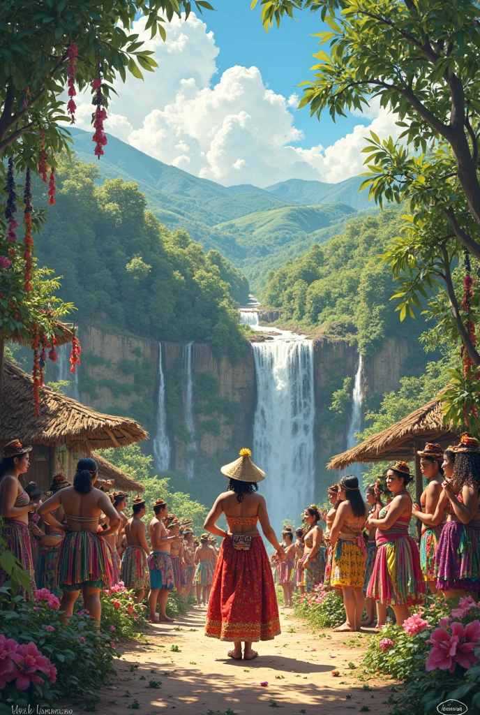 In the forest of the forest in the tropical mountains of Brazil, the sun shines on the waterfall. the photo is taken from below, from the middle of the crowd and of asymmetrical composition. There is a party with musical instruments, tambourine, guitar, tambor, Flute, rabeca, atabaqui, grandfather, rattle, people dancing each in their own way next to different animals, a bonfire and macaws, monkey, ounce, squirrel, Bunnygirl.