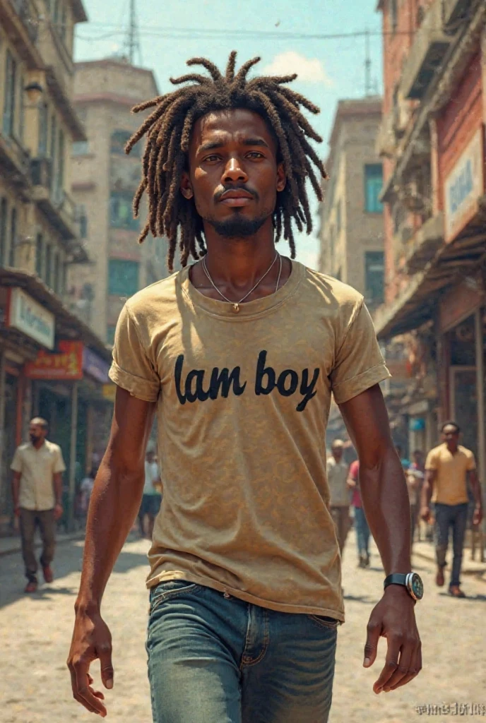 Jovem de etinia africana. Gordo, vestindo camiseta branca, jeans e tenis, oculos de sol, cabelo com barba por fazer e dreadlocks