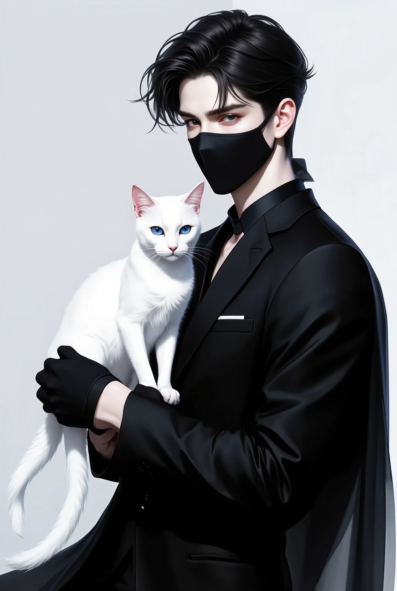 A young man dressed in black with youthful hair wearing a face mask holding a white cat on his right shoulder.. The cat is white and its cat eyes are light blue..