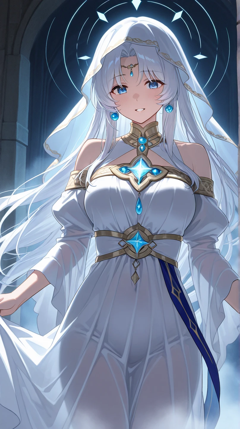  Anime Female voluptuous figure reminiscent of Dragon Ball Super's  ethereal beauty, with long, flowing hair that shimmers like the night sky. Her eyes, which shift colors with her mood and magic, are captivating and mysterious. She wears a flowing robe adorned with ancient runes and mystical symbols that glow faintly with her power.
