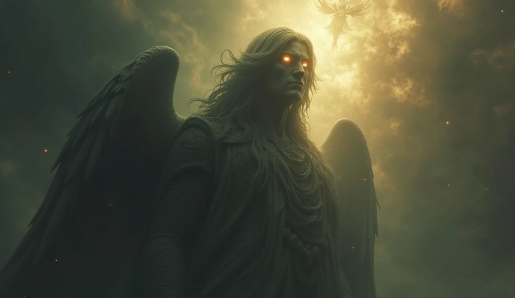 High accuracy, Golden eyes, halo on head, precise, mysterious, glowing light, Angel of Death, a huge scary man with his hand over his eye