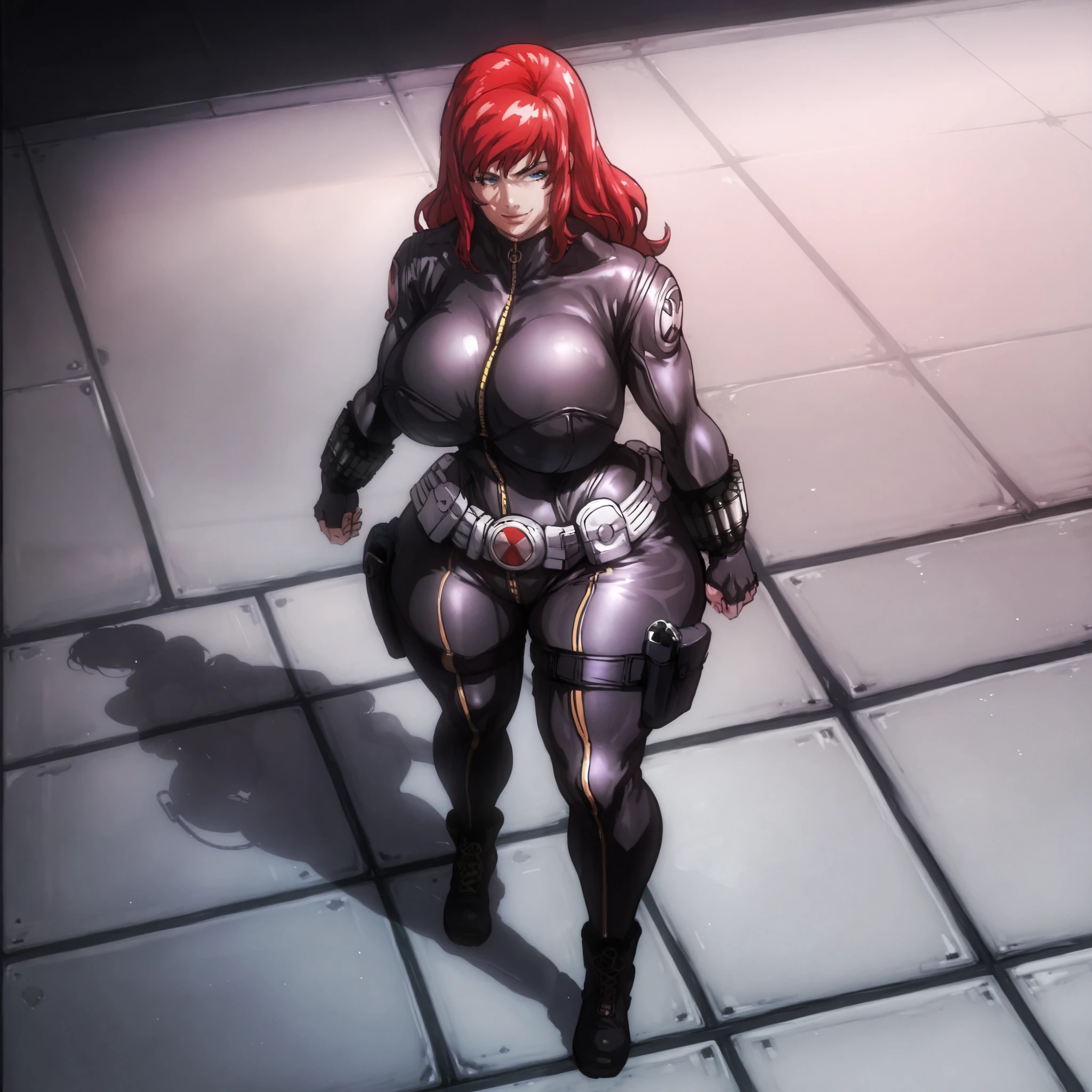 score_9, score_8_up, score_7_up, score_6_up, score_5_up, score_4_up, BREAK,1girl, BlackWidowAnime, black bodysuit, long red hair, black fingerless gloves, holster, makeup, zipper, uniform, ((huge breasts, huge butt, thick thighs, curvy hips)), full body view, front view of body, highly detailed, masterpiece, standing, cool smirk, inside military base hangar, red walls, black floor, military jeeps tanks & jets in background,