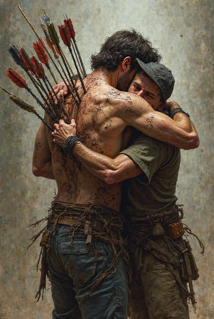 A rough oil paint two men laying dead from a battle