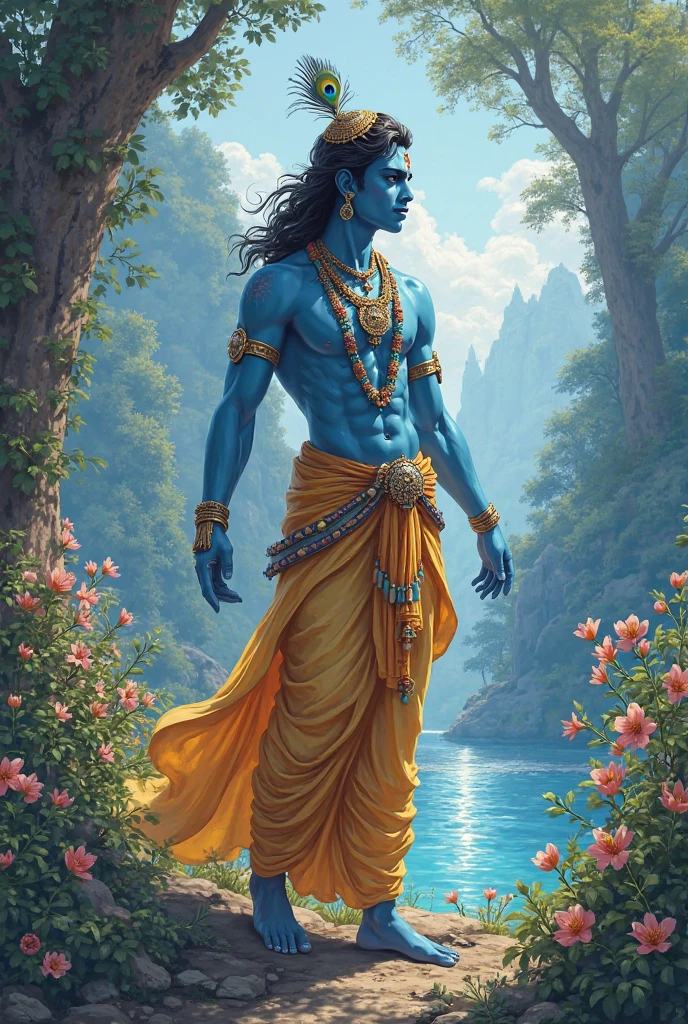 Lord krishna watercolor painting with vibrant background with glow in his back